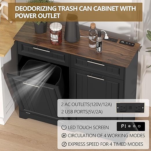 Double 10 Gallon Tilt Out Trash Can Cabinet with Deodorizing Function and Power Outlet, Wooden Hidden Garbage Can Holder with 2 Storage Drawers for Kitchen, Laundry Hamper Cabinet for Bathroom, Black