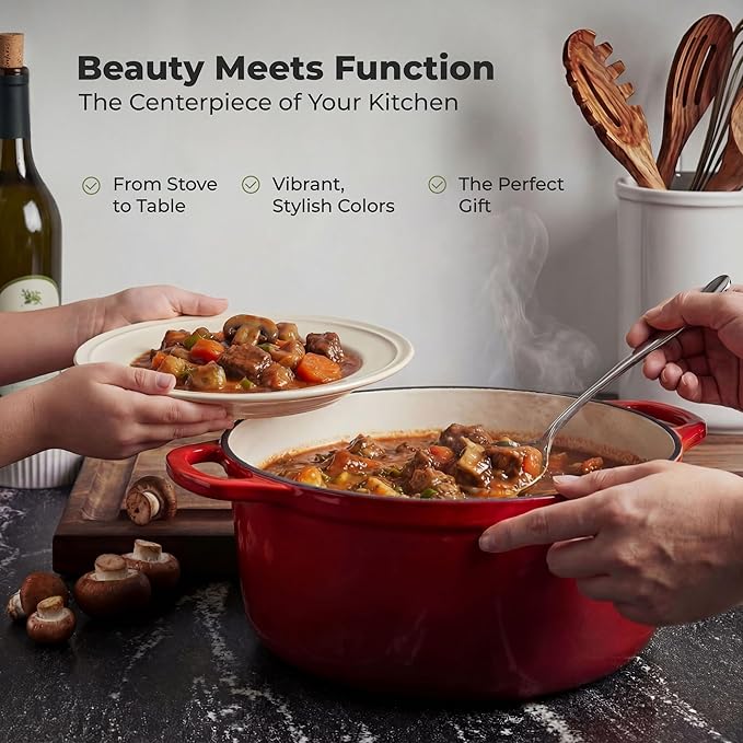 Zulay Kitchen 5 Quart Enameled Cast Iron Dutch Oven Pot with Lid – Premium Durability & Oven Safe up to 500°F – Heavy Duty Cookware Perfect for Bread Baking, Stews, Braising & Roasting – Ablaze Red - Image 7