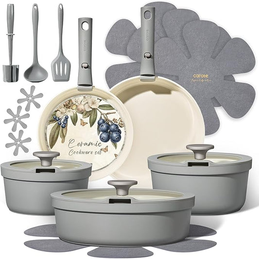 Carote 20pcs Ceramic Cookware Set with Detachable Handles, Pots and Pans Set Non Stick, RV Kitchen Cooking Pot and Pan, Dishwasher Safe, Non-toxic Induction Cookware PFAS and PFOA Free, Grey by CAROTE