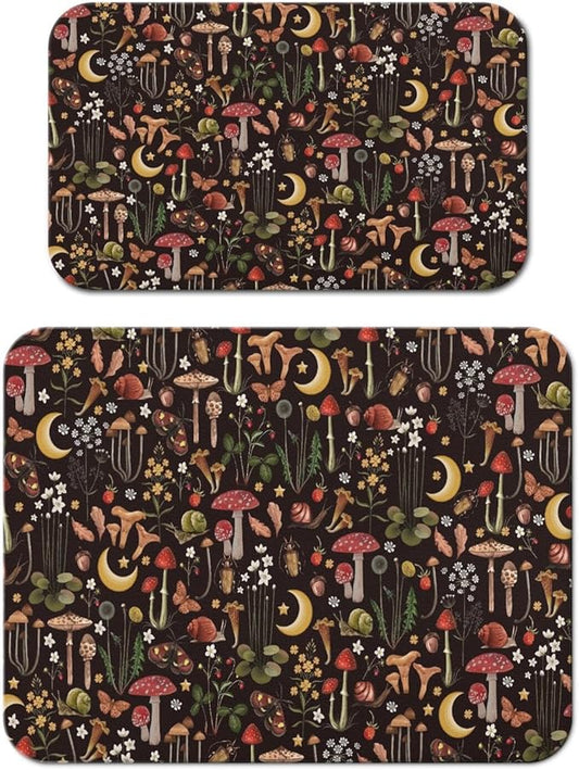 Dish Drying Mat for Kitchen Counter 2 Pack with Non-Slip Rubber Backing - Heat-Resistant Absorbent Coffee Bar Mat, Dish Rack Mat, Mushrooms Dish Drying Mats 18x24+19.5x12 inch