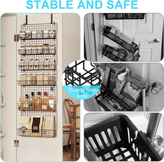 JKsmart High Capacity 6-Tier Spice Rack Organizer with Door Hook, Wall-Mounted & Over-the-Door for Kitchen Pantry Cabinet - Black - Image 5