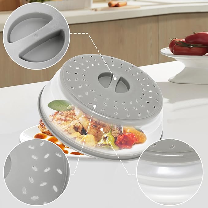 Collapsible Microwave Food Cover, Splatter Guard,Vented Microwave Lid for Food, BPA free TPR, Dishwasher safe，12inch,Grey - Image 3
