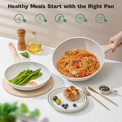13 Pcs Pots and Pans Set, Nonstick Cookware Sets White Granite Induction Cookware, Non-toxic Healthy Non stick Kitchen Cooking Set with Frying Pans Set, Saucepans (PFAS/PFOA/PFOS Free) - Image 5