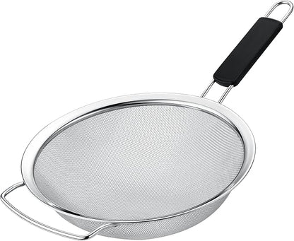 9" Large Fine Mesh Strainer with Thermo Plastic Rubber Handle - Sieve Fine Mesh Stainless Steel - Ideal Kitchen Essential to Strain Pasta, Quinoa and Rice by KAFOOR