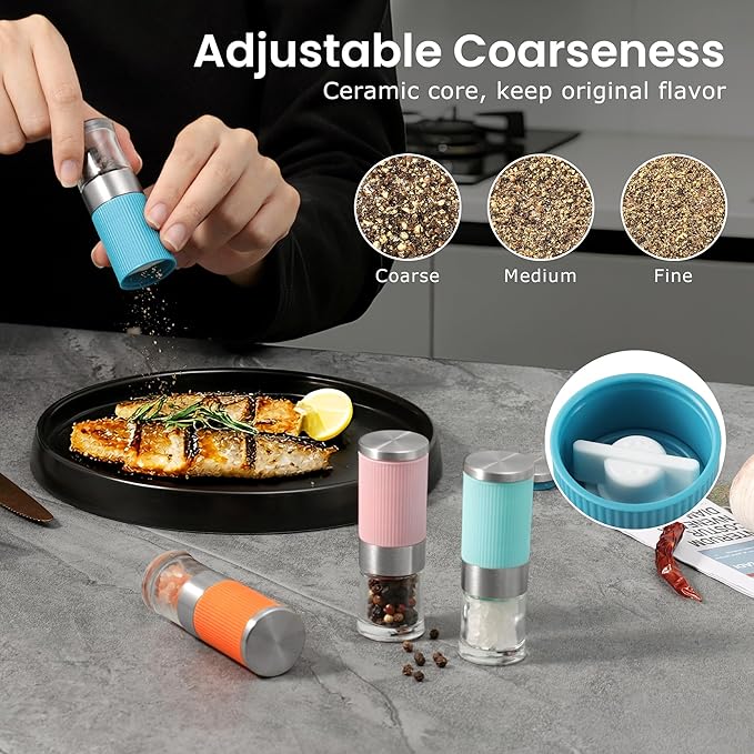 VEVOK CHEF Small Salt and Pepper Grinder 4Pcs Portable Mini Glass Salt Spices Grinder Ceramic Salt Black Pepper Shakers Tiny Pepper Mill Salt Grinder for Travel Lunch Box Kitchen Gift