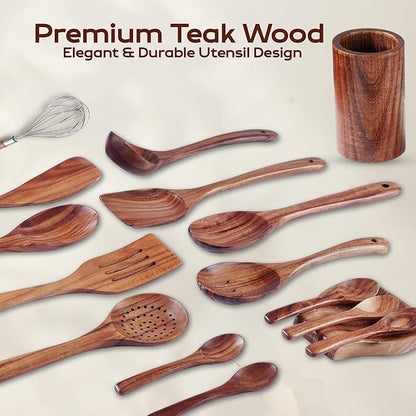 16 Pcs Teak Wooden Cooking Utensils Set – Premium Teak Wooden Utensil Set with Holder, Wooden Spoons for Cooking, Spatulas & Ladle – Durable Kitchen Utensils for Everyday Use - Cooking Utensils Set - Image 2