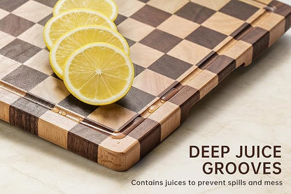 Checkered Cutting Boards for Kitchen, Wooden Chopping Board with Juice Grooves & Handles, Acacia Decorative Cutting Board Butcher Block Serving Tray with Gift Box, 16.5" x 11.6" x 0.8" - Image 4