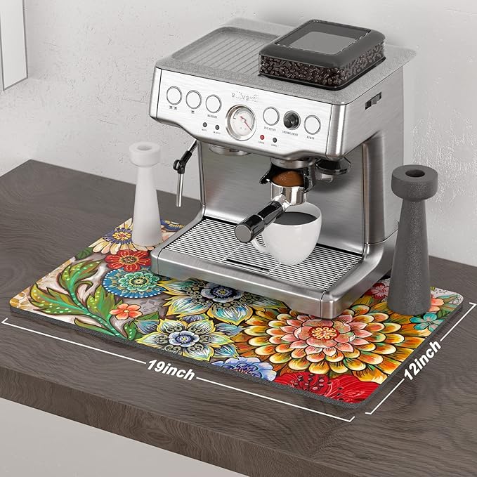 Rnivvi Coffee Mat, 12" x 19" Cute Flower Theme Coffee Bar Mats for Espresso Machine Station Accessories and Organizer, Hide Stain Rubber Backed Absorbent Dish Drying Pad for Kitchen Counter, Mandala - Image 2
