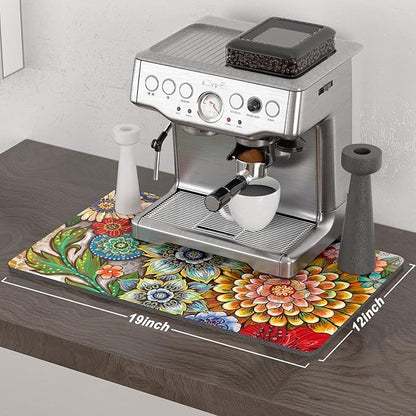 Rnivvi Coffee Mat, 12" x 19" Cute Flower Theme Coffee Bar Mats for Espresso Machine Station Accessories and Organizer, Hide Stain Rubber Backed Absorbent Dish Drying Pad for Kitchen Counter, Mandala - Image 2