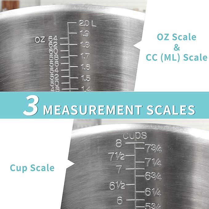 Measuring Cup, [Upgraded, 3 Measurement Scales, Including Cup Scale, ML Scale, Ounce Scale], Newness Stainless Steel Measuring Cup with Marking with Handle, 64 Ounces (2.0 Liter, 8 Cup) - Image 2
