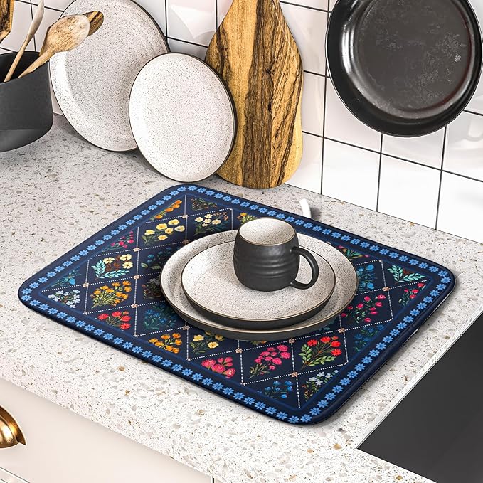 Lapis Blue Dish Drying Mat for Kitchen Counter Flowers Microfiber Absorbent Dish Draining Reusable Washable Small - Image 5