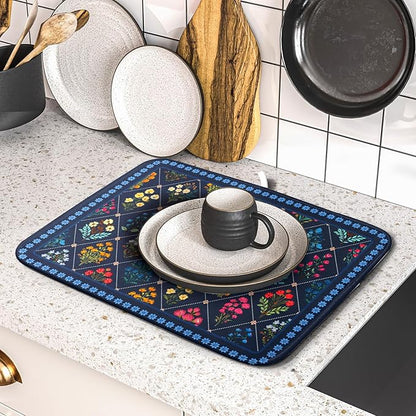 Lapis Blue Dish Drying Mat for Kitchen Counter Flowers Microfiber Absorbent Dish Draining Reusable Washable Small - Image 5