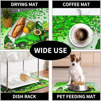 St Patricks Day Shamrock Drying Mat for Kitchen Counter Green Gnome Truck Dishes Drying Mat St. Patricks Day Spring Washable Dish Drying Pad Absorbent Microfiber Dishes Drainer Mats 16x18 Inch - Image 7