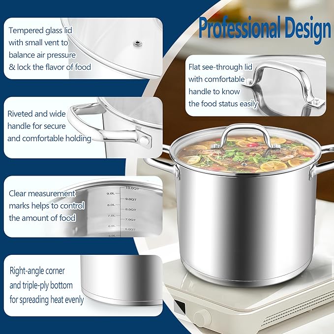 E-far 10 Quart Pot, Stainless Steel Stock Cooking Pot with Glass Lid for Soup Canning Stewing Simmering, Heavy Duty Large Cookware with Triply Base for Induction Gas Ceramic Stoves, Dishwasher Safe - Image 5