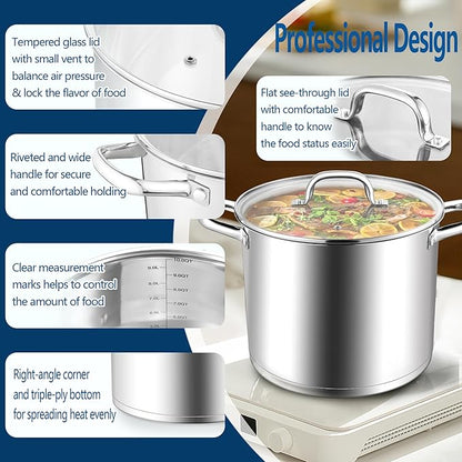 E-far 10 Quart Pot, Stainless Steel Stock Cooking Pot with Glass Lid for Soup Canning Stewing Simmering, Heavy Duty Large Cookware with Triply Base for Induction Gas Ceramic Stoves, Dishwasher Safe - Image 5