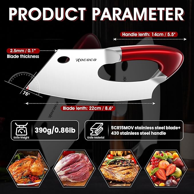 ROCOCO Easy Handle Meat Cleaver - Effort Saving Chef Knife Unique Professional for Kitchen Cutting Meat Vegetable Birthday Gift Red Stainless Steel