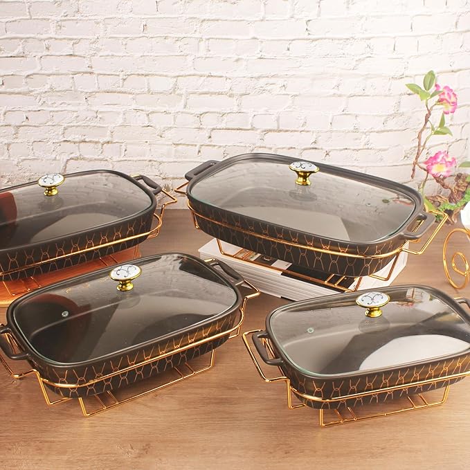 10" x 7" Ceramic Rectangular Casserole Dish with Glass Lid and rack, 1.3 Quart Serving Soup Tureen,Chafing Dish for Buffet, Family Food preserve Tray, Catering for Party Style, Black