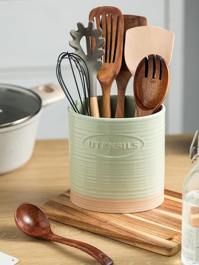YHOSSEUN Kitchen Utensil Holder, Ceramic Utensil Holder for Kitchen Counter 6.7" Large Cooking Utensil Crock Farmhouse Utensil Organizer Storage, Oval Opening, Green - Image 6