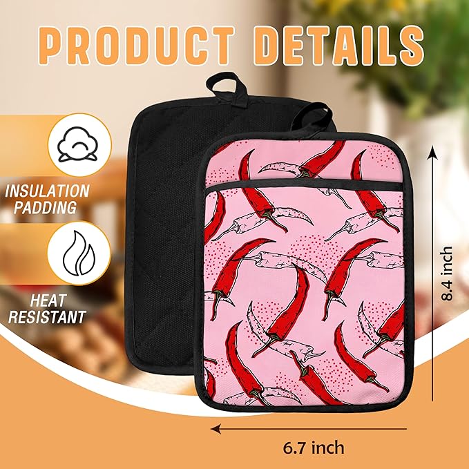 Pink Pepper Kitchen Pot Holders with Pockets, Trendy Red Chili Pepper Oven Pot Holders Heat Resistant Oven Mitts Hot Pads for Kitchen Baking Cooking