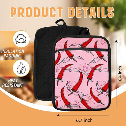 Pink Pepper Kitchen Pot Holders with Pockets, Trendy Red Chili Pepper Oven Pot Holders Heat Resistant Oven Mitts Hot Pads for Kitchen Baking Cooking