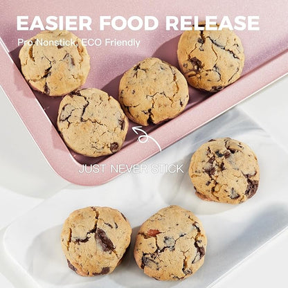 HONGBAKE Baking Sheet Pan Set, Cookie Sheet for Oven, Nonstick Bakeware Sets with Wider Grips, 3 Pack Half/Jelly Roll/Quarter Baking Tray, Premium, Dishwasher Safe-Pink - Image 5