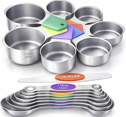 Magnetic Measuring Cups and Spoons Set304 Stainless Steel Dual Scale Set of 15, Strong N52 Magnetic Nesting Design with Leveler, for Dry&Liquid Ingredients, Dishwasher Safe(Colorful) by HOWGOODY