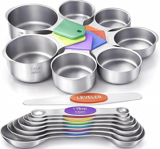 Magnetic Measuring Cups and Spoons Set304 Stainless Steel Dual Scale Set of 15, Strong N52 Magnetic Nesting Design with Leveler, for Dry&Liquid Ingredients, Dishwasher Safe(Colorful) by HOWGOODY