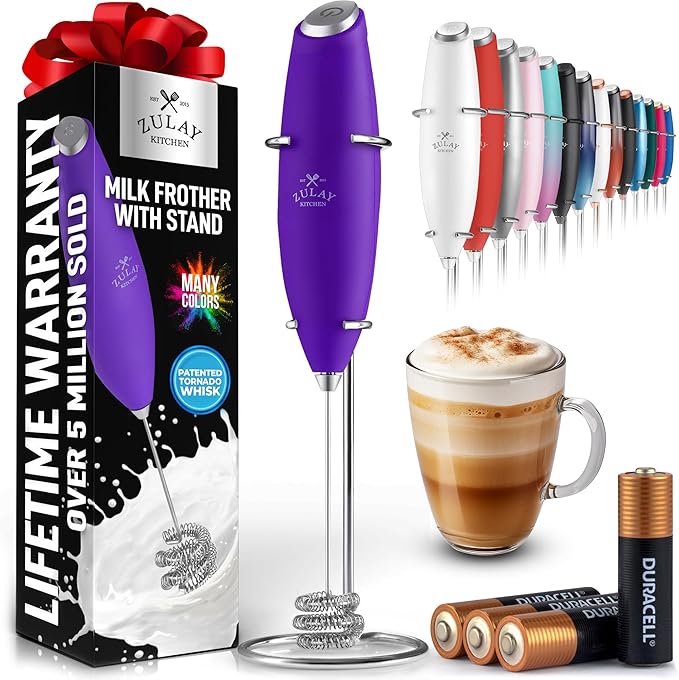 Zulay Kitchen Patented Tornado Triple Whisk Milk Frother with 4 Duracell Batteries – Handheld Foam Maker for Coffee, Lattes, Matcha & Hot Chocolate – Rich, Creamy Froth in Seconds - Purple by ZulayKitchen