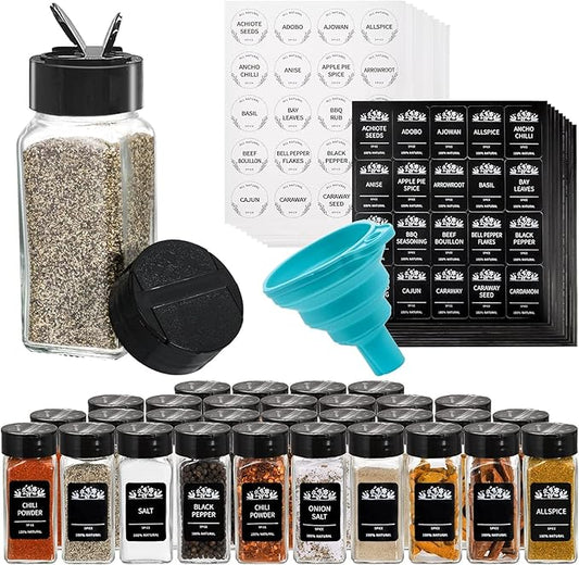 Tebery 30 Pack Glass Spice Jars Square Glass Bottles with Black Caps, 4oz Empty Spice Containers Shakers Complete Organizer Set Includes Wide Funnel and Labels by Tebery