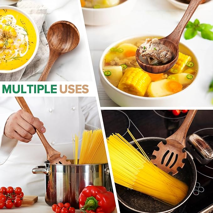 Wooden Spoons for Cooking,2 Pcs Wooden Utensil Set of Soup Ladle &Spaghetti Pasta Spoon with Teeth, Teak Wood Soup Ladle&Slotted Pasta Fork Strainer Spoon Set for Serving Collecting Noodle Gravy Sauce - Image 6