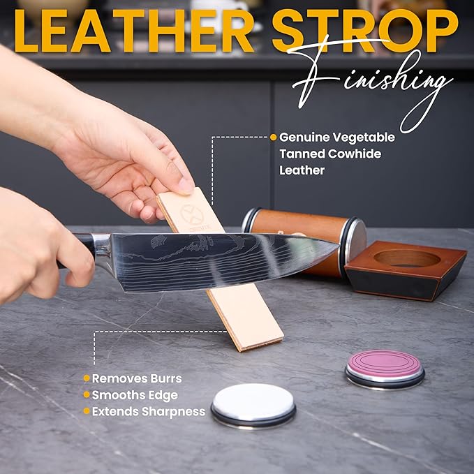 Rolling Knife Sharpener Kit – Magnetic 4-Angle Base, 3.86 Inches Longer Wooden Roller, 4 Grit Discs (1000/400 Diamond & 3000 Maroon / 6000 White Ceramic) and Leather Strop - Image 4