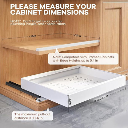 Seinloes 4 Pack Expandable Width (15.15"-26.3") Pull Out Cabinet Organizer 21" Deep with Raising Pad for Framed Cabinets, Upgrade 3 Slide Rails Slide Out Drawers, Roll Out Shelves Adhesive, White - Image 4