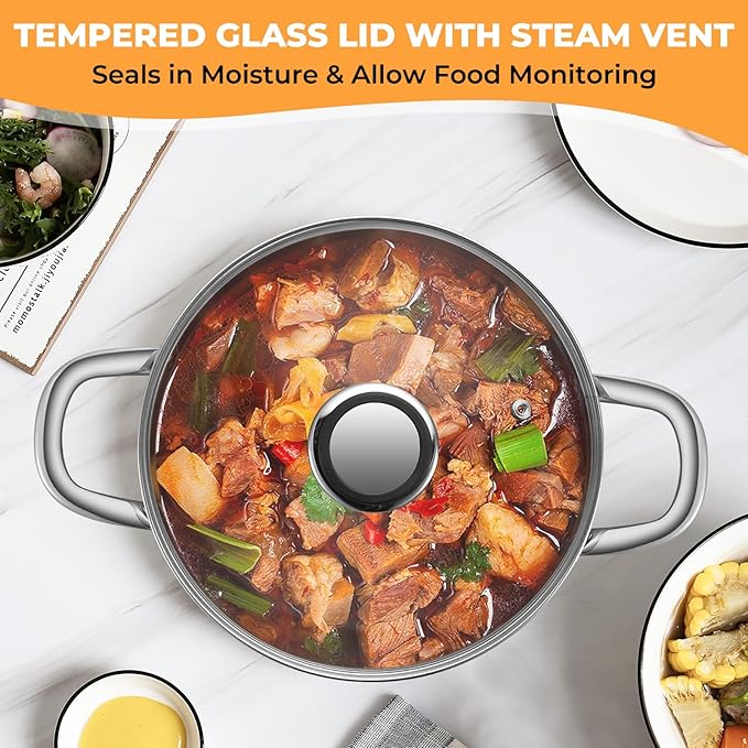 Tri-Ply Stainless Steel Stock Pot, 6.5 Quart Heavy Duty Induction Cooking Pot with Visible Lid for Pasta, Soup, Spaghetti, Sturdy & Double Handle, Dishwasher Safe - Image 7
