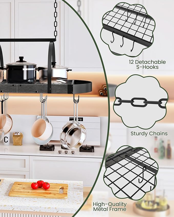 CHOEZON Hanging Pot Rack, Pot Hanger for Kitchen, Ceiling Mounted Pot Holder, Cookware Organizer with 12 S-Shaped Hooks, for Pot, Pan Storage, Space-Saving, Charcoal Black and Black TPR08BCC1 - Image 5