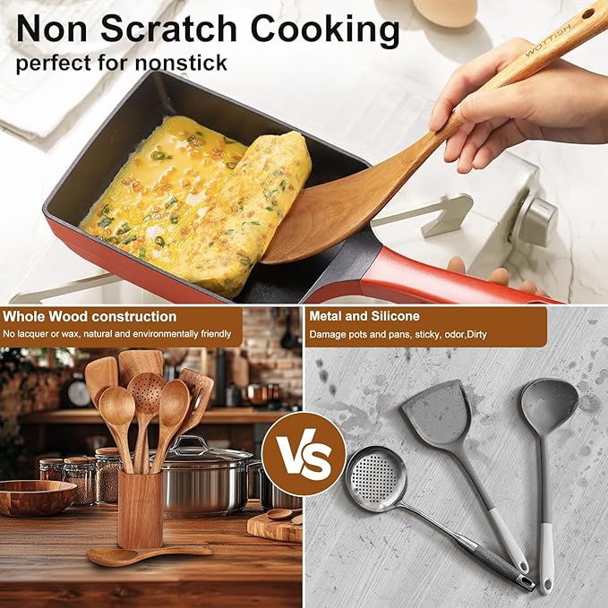 Wooden Spoons for Cooking - 8-Piece Wooden Kitchen Utensil Set made of Natural Solid Wood Material-Includes Spoons,Spatulas,Ladles,Mixing Spoon and Utensil Holder,Valentine's Day Gifts - Image 5