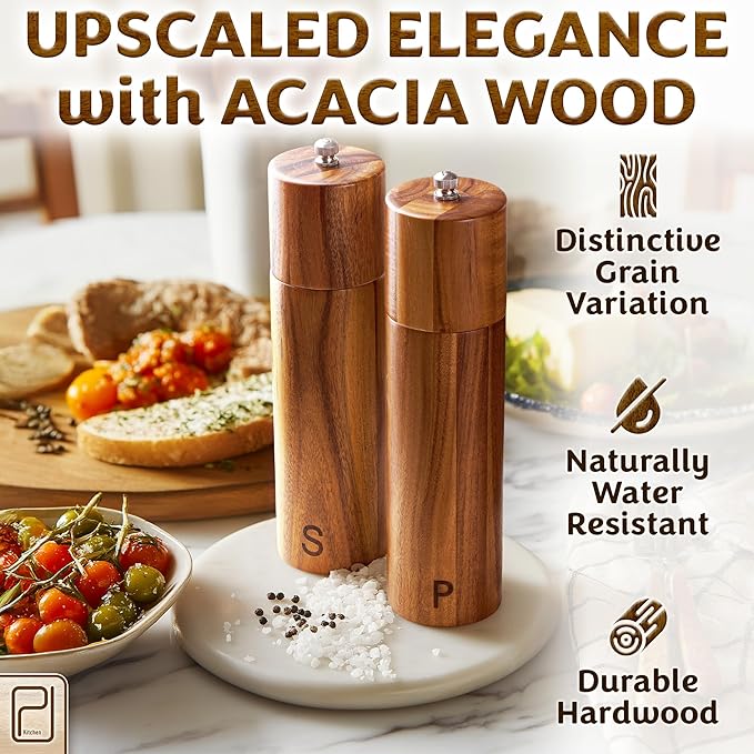 Premium Wooden Salt and Pepper Grinder Set - 28 g / 1 oz each, Acacia Solid Wood Mills - Refillable Coarse Grain Salt & Peppercorn Manual Twist Grinders - Modern or Rustic Home Table - by PJC-Kitchen - Image 2
