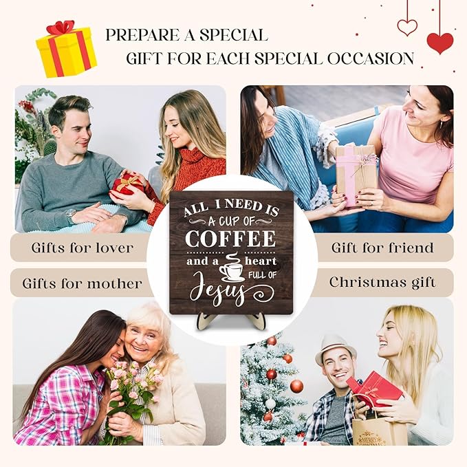 Coffee Bar Sign Plaque Decor-A Heart Full of Jesus,Cafe Bar Accessories,Christian Rustic Wooden Tabletop Plaque with Stand, Faith Scripture Mini Counter Sign for Kitchen Coffee Station Office 5.9x5.9 - Image 6