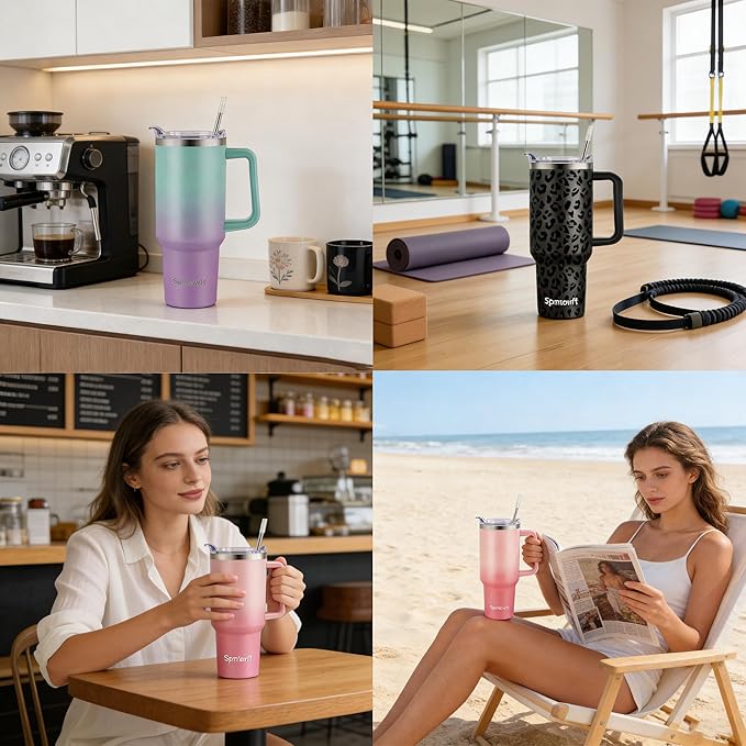 40oz Stainless Steel Double Vacuum Tumbler with Handle, Straw Lid, Carrier Bag, Purse Pouch Phone Pocket, Gym Water Bottle Travel Mug and Sleeve Holder for Men Women (Pink/Rose)
