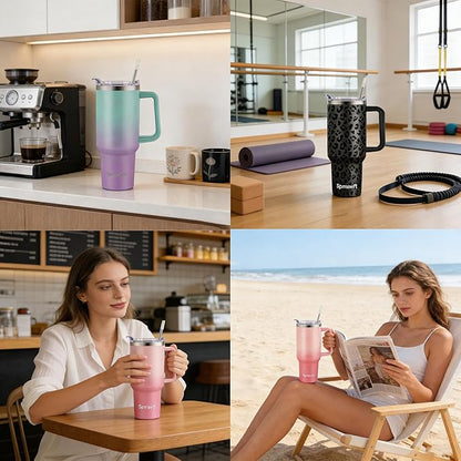 40oz Stainless Steel Double Vacuum Tumbler with Handle, Straw Lid, Carrier Bag, Purse Pouch Phone Pocket, Gym Water Bottle Travel Mug and Sleeve Holder for Men Women (Pink/Rose)