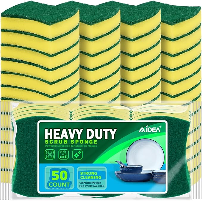 AIDEA Sponges Kitchen, 50 Pack Heavy Duty Dish Sponge, Cleaning Dish Scrubber Sponge for Home and Kitchen, Stink-Free Cleaning Supplies for Pots, Pans by AIDEAHOME