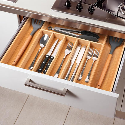 Large Premium Bamboo Silverware Organizer - Expandable Drawer Organizer & Utensil Organizer - 17"x19.7" Cutlery Tray with Dividers for Kitchen Utensils and Flatware (7-9 Slots) (Natural) - Image 7