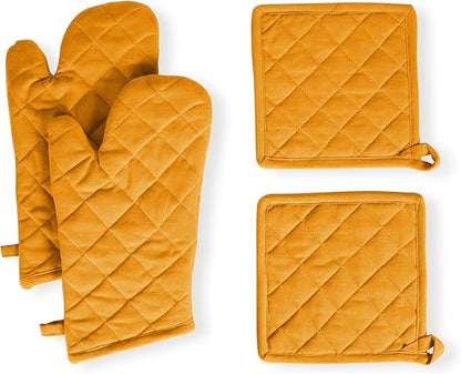 Native Fab 4 Piece Set - 2 Oven Mitts & 2 Potholders, Heat Resistant, 100% Cotton, Quilted Design, Non-Slip Grip, Machine Washable, Ideal for Baking, Cooking, BBQ, Kitchen Protection - Mustard Yellow by NativeFab
