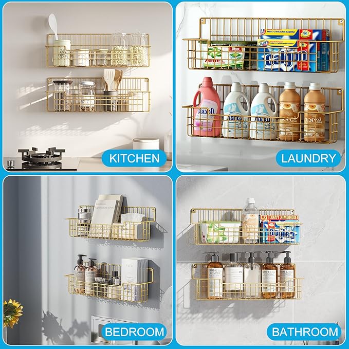 Spice Rack, 4-Pack Seasoning Organizer Wall Mounted for Kitchen Storage Organization, Metal Spice Holder Shelf for Cabinet, Pantry, Gold - Image 3