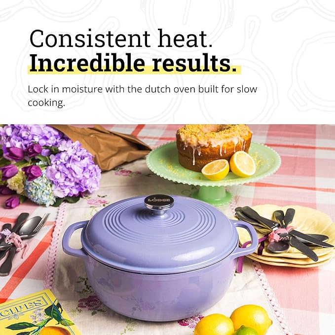 Lodge Essential Enamel Cast Iron Dutch Oven - Perfect for Bread Baking, Braising, Marinating & Slow Cooking - Features Moisture-Sealing Lid & Dual Handles - Kitchen Essentials - 6 Quarts - Lilac - Image 3