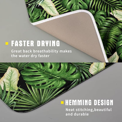 Giwawa Tropical Palm Leaf Dish Drying Mat for Kitchen Countertop, 16"x18" Summer Green Monstera Dish Drainer Mats, Hawaiian Banana Leaves Fast Dry Microfiber Large Dish Drying Pad Decoration