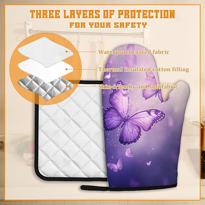 Purple Butterfly Oven Mitts and Pot Holders Set,Sparkling Kitchen Oven Gloves and Pot Holder with Heat Resistant Non Slip for Cooking Baking Grilling(4 Piece Set)