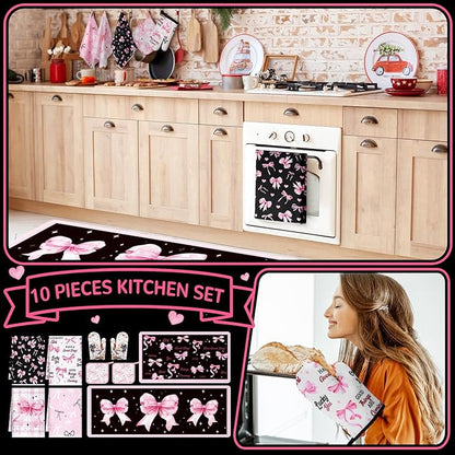 Fourluoo 10 Pcs Bow Kitchen Dish Towels Rugs Oven Mitts and Pot Holders Set Farmhouse Kitchen Decor Set for Women Mom Daughter Gift Cooking Baking Grilling(Black, Pink)