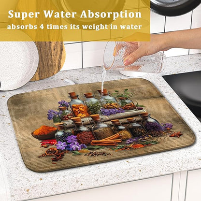 Vintage Kitchen Dish Drying Mat - Spice Bottle Decorative Dish Sink Rack Pad 16 X 18 Inch - Image 7