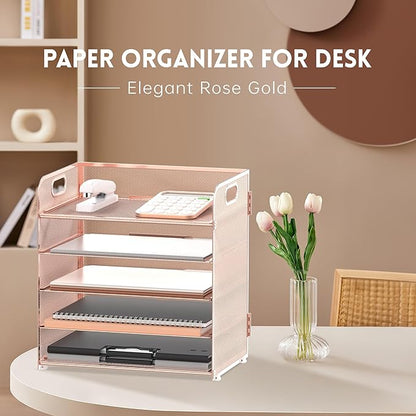 Supeasy 5 Trays Paper Organizer Letter Tray with Handle-Mesh Desk File Organizer, Paper Sorter Desk Organizer for Office, Home or School (Rose Gold) - Image 2