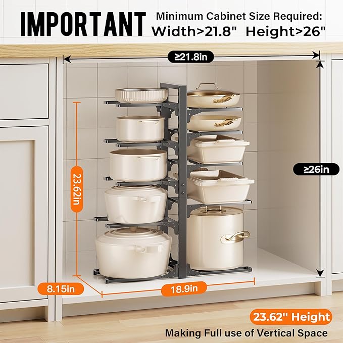 MUDEELA 10-Tier Pots and Pans Organizer under Cabinet, 23.62" Height Heavy Duty Pot and Pan Organizer Kitchen Cabinet Organization and Storage, Adjustable Pot Rack for Frying Pan, Cast Iron Skillet - Image 2